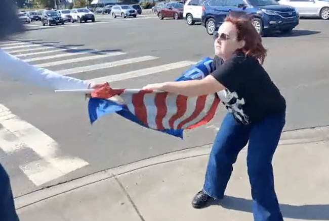WATCH: Portland Leftist Tries Steal American Flag from Protesting Patriot, Fails, then Starts Sobbing